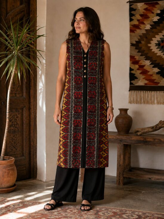 Vintage Tops - Vintage Casual Corner Boho Geometric Duster Vest Wearable Art Southwest Rayon L